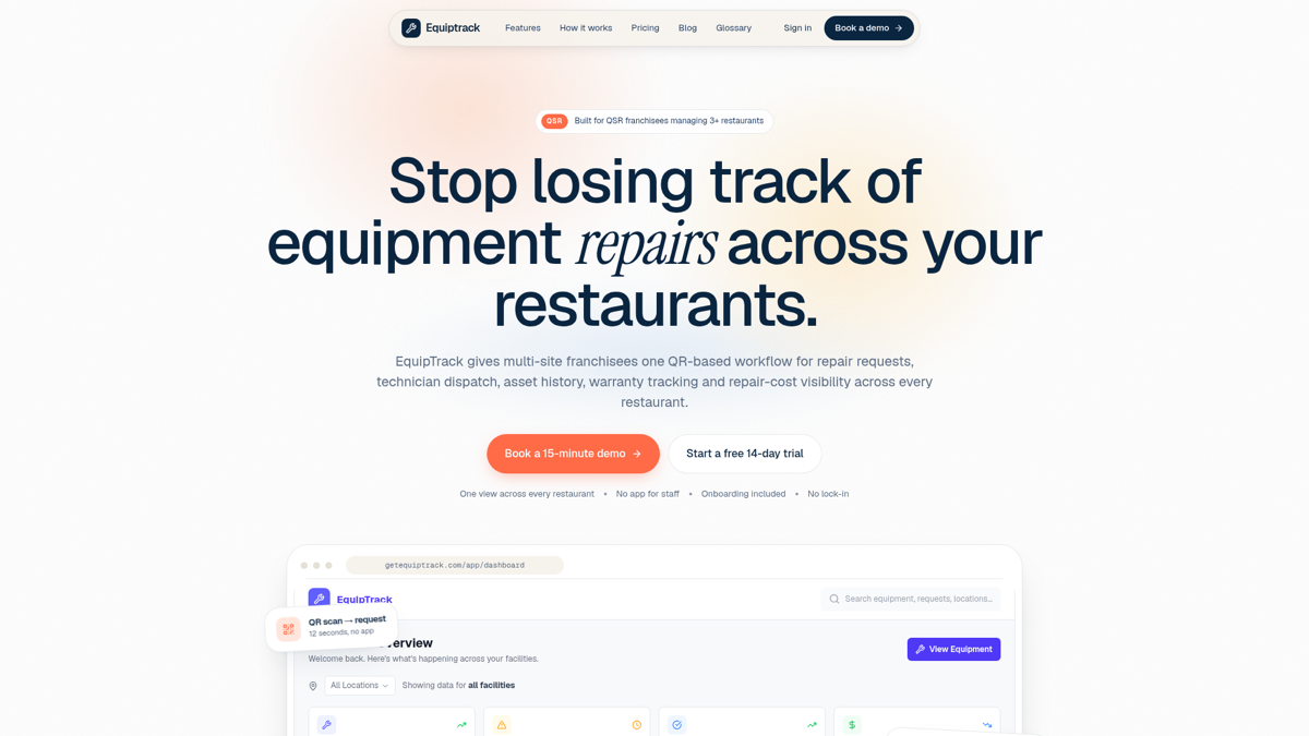 EquipTrack website homepage for multi-site equipment repair management.