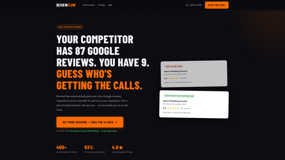 ReviewFlow website homepage for automated Google review management.